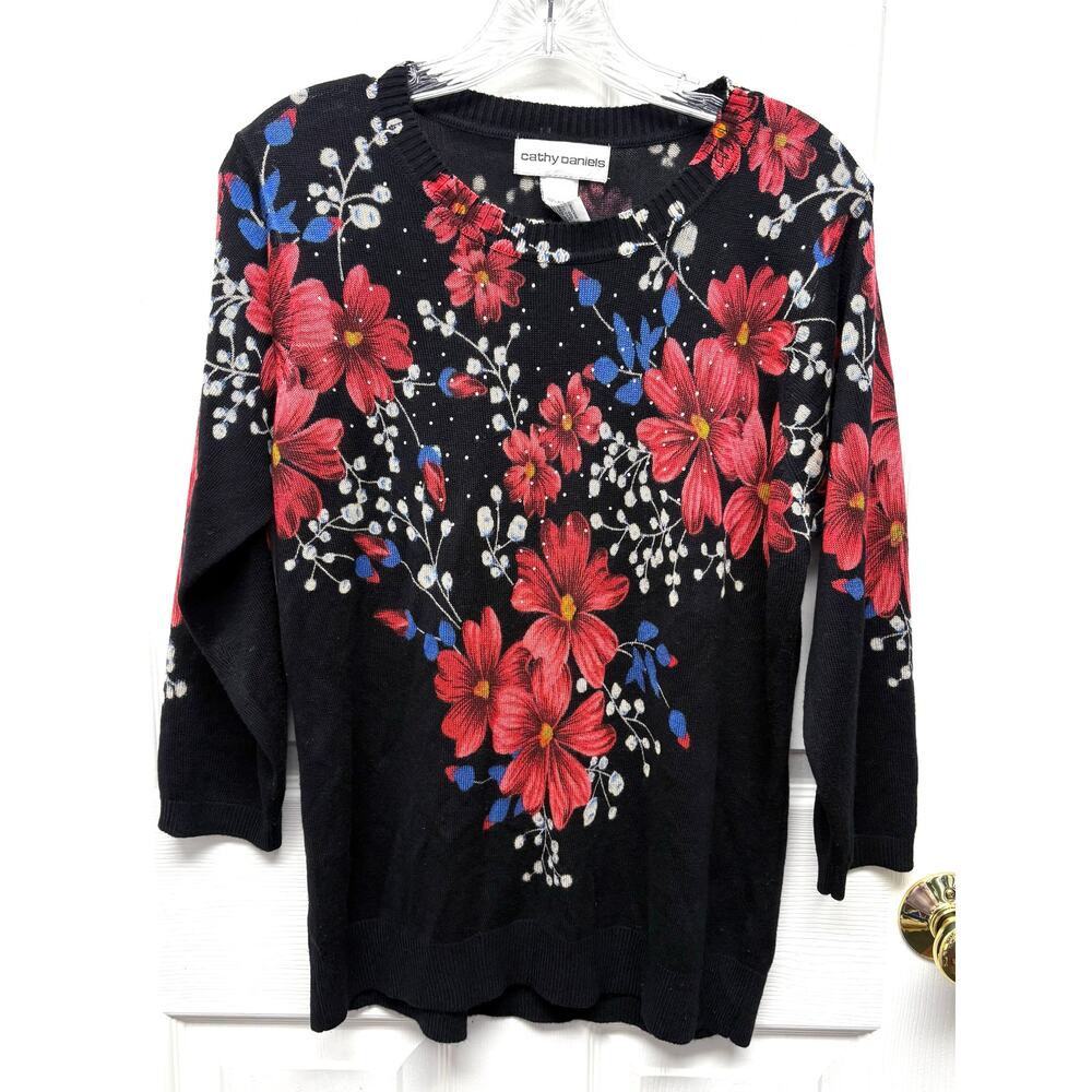 Cathy Daniel Sweater Black Red Floral Cardigan Size M Rhinestone Accents